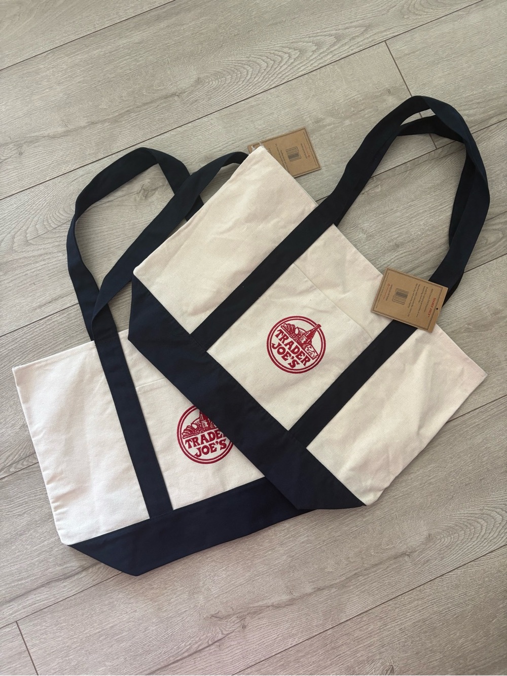2 Trader Joe's Canvas Tote Set Of 2 Bags NWT navy blue
